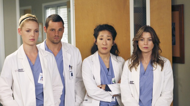 GREY'S ANATOMY - "Six Days" - After a successful operation on his heart, George's father undergoes surgery for his cancer, Thatcher Grey visits Seattle Grace in order to see his new granddaughter, and Meredith discovers that Derek has trouble sleeping soundly, on "Grey's Anatomy," THURSDAY, JANUARY 4 (9:00-10:01 p.m., ET) on the ABC Television Network. (ABC/MICHAEL DESMOND)KATHERINE HEIGL, JUSTIN CHAMBERS, SANDRA OH, ELLEN POMPEO
