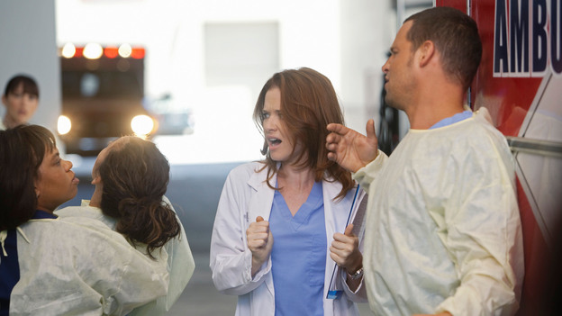 GREY'S ANATOMY - "Free Falling" - In the first hour, "Free Falling" (9:00-10:00 p.m.), the fifth-year residents return for the first day of a year that will make or break their careers: Meredith faces the consequences of tampering with Derek's clinical trial and is terminated at the hospital; April tries to step up to the plate as Chief Resident in the wake of a giant sinkhole in the middle of Seattle; and Cristina and Owen are still at odds over their drastically different feelings for their unborn child. "Grey's Anatomy" returns for its eighth season with a two-hour event THURSDAY, SEPTEMBER 22 (9:00-11:00 p.m., ET) on the ABC Television Network. (ABC/RANDY HOLMES)CHANDRA WILSON, SANDRA OH, SARAH DREW, JUSTIN CHAMBERS