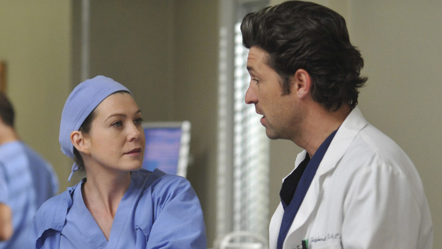 GREY'S ANATOMY- "Here Comes the Flood" - Derek and Meredith discuss a patient, on "Grey's Anatomy," THURSDAY, OCTOBER 9 (9:00-10:01 p.m., ET) on the ABC Television Network. (ABC/ERIC McCANDLESS) SAMANTHA QUAN, ELLEN POMPEO, PATRICK DEMPSEY