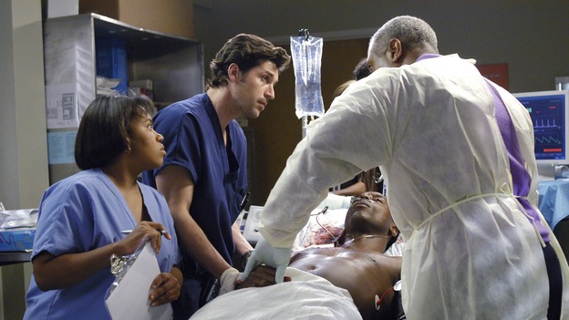 GREY'S ANATOMY - In the first hour of part two of the season finale of ABC's "Grey's Anatomy" -- "Deterioration of the Fight or Flight Response" -- Izzie and George attend to Denny as the pressure increases to find him a new heart, Cristina suddenly finds herself in charge of an ER, and Derek grapples with the realization that the life of a friend is in his hands. In the second hour, "Losing My Religion," Richard goes into interrogation mode about a patient's condition, Callie confronts George about his feelings for her, and Meredith and Derek meet about Doc. Part two of the season finale of "Grey's Anatomy" airs MONDAY, MAY 15 (9:00-11:00 p.m., ET) on the ABC Television Network. (ABC/GALE ADLER)CHANDRA WILSON, PATRICK DEMPSEY, ISAIAH WASHINGTON, JAMES PICKENS, JR.