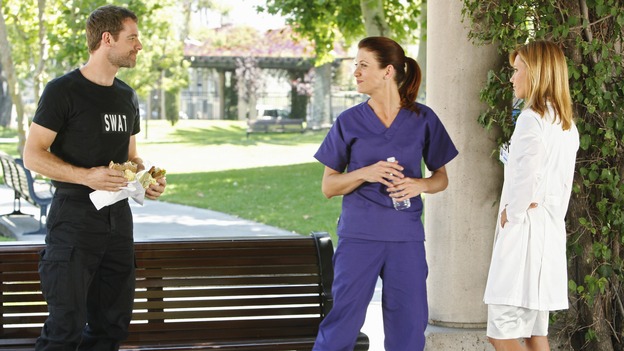 PRIVATE PRACTICE - "Nothing to Talk About" - Charlotte tries to woo Addison to St. Ambrose Hospital with promises of surgeries, as Addison and Kevin's relationship heats up. Meanwhile Sam questions his ability to save Oceanside Wellness from financial ruin, Pete's firefighter patient suffers an unusual form of post-traumatic stress disorder, and Violet is threatened by a patient's son, on "Private Practice," WEDNESDAY, OCTOBER 22 (9:00-10:01 p.m., ET) on the ABC Television Network. (ABC/CRAIG SJODIN)DAVID SUTCLIFFE, KATE WALSH, KaDEE STRICKLAND