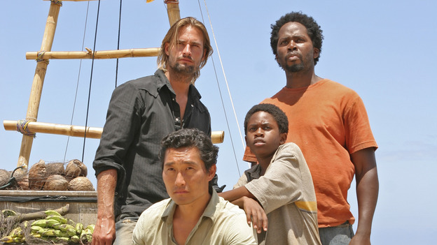 102844_367 -- LOST - "Exodus," Part 2" - The castaways on the raft are surprised at sea by something they didn't expect. Meanwhile, remaining islanders try to blow open the hatch, and a visitor to the encampment might be a threat to Claire's infant son, on the Season Finale of "Lost," WEDNESDAY, MAY 25 (8:00-10:00 p.m., ET), on the ABC Television Network.(ABC/MARIO PEREZ)JOSH HOLLOWAY, DANIEL DAE KIM, MALCOLM DAVID KELLEY, HAROLD PERRINEAU