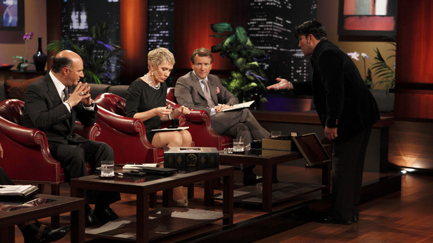 SHARK TANK - "Episode 208" -- A woman from Yardley, Pennsylvania could help cat lovers everywhere if the Sharks invest in her toilet training kit for cats, and the Sharks fight each other for a piece of a multi-million dollar company owned by a pharmacist from Palm Beach Gardens, Florida, who has invented a shoe with interchangeable tops. Also in this episode, an entrepreneur from Chicago is hoping to reposition her once successful designer line of maternity t-shirts; and an artist originally from Mexico City (now living in Chicago) and eager to make his American dream come true hopes the Sharks will want to invest in his line of extravagant yet affordable jewelry. In addition there will be a follow up from Season 1 on the father and son team behind Voyage Air Guitar and what happened to their business after turning down the Sharks' $1 million dollar offer, on the Season Finale of "Shark Tank," FRIDAY, MAY 13 (8:00-9:00 p.m., ET) on the ABC Television Network. (ABC/CRAIG SJODIN)KEVIN O'LEARY, BARBARA CORCORAN, ROBERT HERJAVEC, ALDO ORTA (ALDO ORTA JEWELRY)