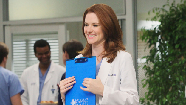GREY'S ANATOMY - "Free Falling" - In the first hour, "Free Falling" (9:00-10:00 p.m.), the fifth-year residents return for the first day of a year that will make or break their careers: Meredith faces the consequences of tampering with Derek's clinical trial and is terminated at the hospital; April tries to step up to the plate as Chief Resident in the wake of a giant sinkhole in the middle of Seattle; and Cristina and Owen are still at odds over their drastically different feelings for their unborn child. "Grey's Anatomy" returns for its eighth season with a two-hour event THURSDAY, SEPTEMBER 22 (9:00-11:00 p.m., ET) on the ABC Television Network. (ABC/DANNY FELD)SARAH DREW, JUSTIN CHAMBERS (BACKGROUND)