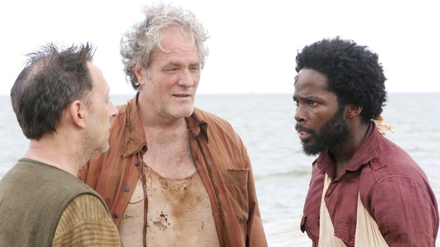 LOST -- "Live Together, Die Alone" - After discovering something odd just offshore, Jack and Sayid come up with a plan to confront "The Others" and hopefully get Walt back. Meanwhile, Eko and Locke come to blows as Locke makes a potentially cataclysmic decision regarding the "button" and the hatch, on the season finale of "Lost," WEDNESDAY, MAY 24 (9:00-11:00 p.m., ET), on the ABC Television Network. (ABC/MARIO PEREZ)MICHAEL EMERSON, M.C. GAINEY, HAROLD PERRINEAU