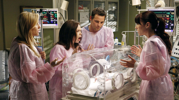 GREY'S ANATOMY - "If Only You Were Lonely" - As Adele's condition continues to deteriorate, Richard considers altering their living situation; an explosion at a local coffee shop results in a busy day in the ER for the doctors; Callie takes Meredith under her wing by helping her study for her boards; Lexie joins Arizona and Alex in peds, as they continue to care for intern Morgan's premature son; and when Jackson snaps at a patient, Mark encourages him to find ways to relieve his stress. Meanwhile, Cristina lets her suspicions get the best of her, on "Grey's Anatomy," THURSDAY, FEBRUARY 23 (9:00-10:02 p.m., ET) on the ABC Television Network. (ABC/VIVIAN ZINK)JESSICA CAPSHAW, AMANDA FULLER, JUSTIN CHAMBERS, CHYLER LEIGH