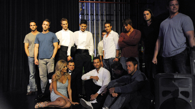 THE BACHELORETTE - "Episode 802" - Thirteen bachelors take to the stage and join Emily and the beloved Muppets for a live performance benefitting The Ricky Hendrick Centers for Intensive Care at The Levine Children's Hospital. The men split up in groups to rehearse, but one man has a serious case of performance panic. He explains the problem to Emily and musters up enough courage to go on, but how will he feel when Miss Piggy targets him during the show? The men also get a pleasant surprise when they see Ricki for the first time as she joins her mother and The Muppets in a special performance. That evening at the swank after party, the competition for Emily's attention heats up: Chris is all smiles as the Bachelorette gushes over his looks; Stevie treats her to a slow dance but gets interrupted by the overconfident Kalon; and Jef finally starts to open up to Emily, on "The Bachelorette," MONDAY, MAY 21 (9:01-11:00 p.m., ET), on the ABC Television Network. (ABC/ANGELINE HERRON)STANDING: JOHN, KYLE, NATHAN, ALEJANDRO, KALON (OBSCURED), TONY, ALESSANDRO, MICHAEL, CHARLIE; SEATED: EMILY MAYNARD, STEPHEN, CHRIS, JEF (OBSCURED), AARON