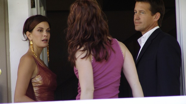 DESPERATE HOUSEWIVES - "Anything You Can Do" -- Susan is miffed when Mike's unexpected -- and very sexy -- houseguest (guest star Heather Stephens as Kendra) forces him to postpone their first official "date"; Lynette becomes steadily more dependent on the twins' ADD medication; Gabrielle becomes jealous of the "other" woman in John's life; Bree's kids mutiny when they learn their dad has moved out; and the enigmatic Mr. Shaw (guest star Richard Roundtree) comes closer to solving one of Wisteria Lane's big mysteries, on "Desperate Housewives," SUNDAY, NOVEMBER 21 (9:00-10:01 p.m., ET) on the ABC Television Network. (ABC/DANNY FELD) TERI HATCHER, HEATHER STEPHENS, JAMES DENTON