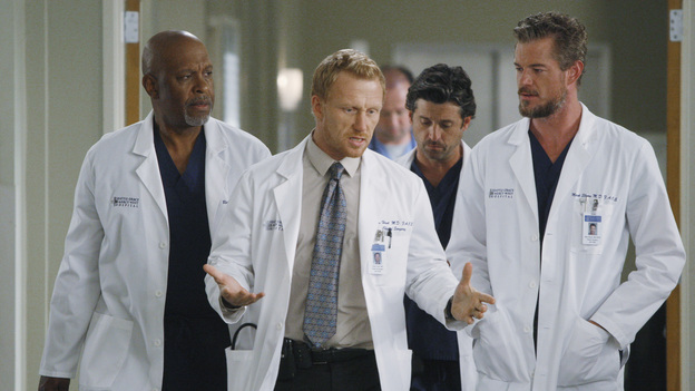GREY'S ANATOMY - "What Is It About Men" - The doctors of Seattle Grace are called upon to man up when a stampede at a comic book convention causes an influx of colorful characters in the ER&Ntilde;blurring the lines of fantasy and reality; Mark shows his softer side with baby Sofia when Arizona and Callie go out of town, but at work he continues to give Jackson a hard time; Ben returns to the ER, only to find that Nurse Eli has moved in on Bailey; and the male doctors bond over their frustrations with women, on a special all-boys episode of "Grey's Anatomy," THURSDAY, OCTOBER 6 (9:00-10:02 p.m., ET) on the ABC Television Network. (ABC/VIVIAN ZINK)JAMES PICKENS JR., KEVIN MCKIDD, PATRICK DEMPSEY, ERIC DANE