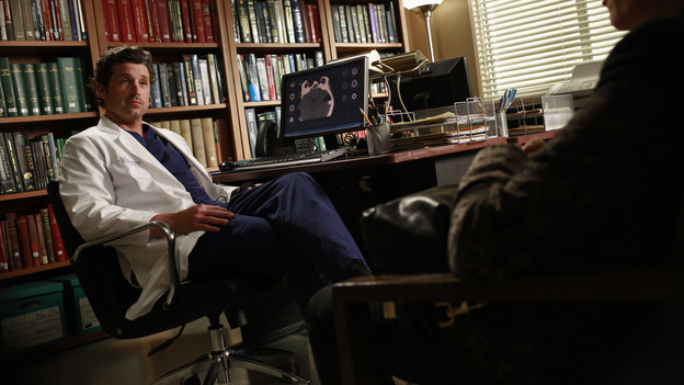 GREY'S ANATOMY - "Run Baby Run" - As the rest of the doctors prepare for Bailey's wedding, Richard helps her through a bout of pre-wedding jitters. Meanwhile, Lizzie butts heads with Meredith, and Callie and Jackson try to convince Derek to participate in a risky surgery that could fix his hand, on "Grey's Anatomy," THURSDAY, DECEMBER 13 (9:00-10:02 p.m., ET) on the ABC Television Network. (ABC/RON TOM)PATRICK DEMPSEY