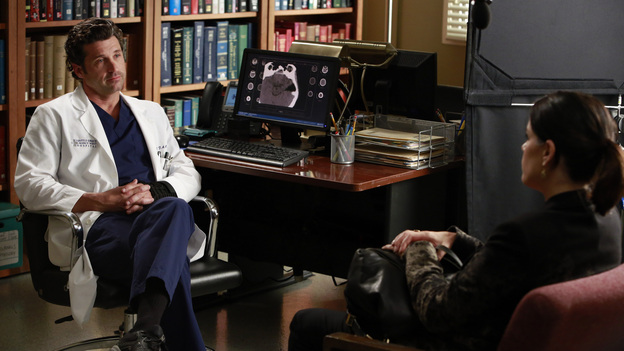 GREY'S ANATOMY - "Run Baby Run" - As the rest of the doctors prepare for Bailey's wedding, Richard helps her through a bout of pre-wedding jitters. Meanwhile, Lizzie butts heads with Meredith, and Callie and Jackson try to convince Derek to participate in a risky surgery that could fix his hand, on "Grey's Anatomy," THURSDAY, DECEMBER 13 (9:00-10:02 p.m., ET) on the ABC Television Network. (ABC/RON TOM)PATRICK DEMPSEY, NEVE CAMPBELL