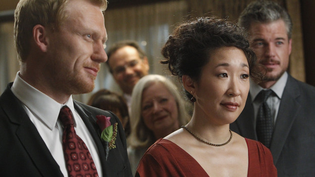 GREY'S ANATOMY - "With You I'm Born Again" -- After an unforgettable and heart-pounding season finale, "Grey's Anatomy" returns for its seventh season on THURSDAY, SEPTEMBER 23 (9:00-10:01 p.m., ET) on the ABC Television Network. In the season premiere, the hospital staff is trying to deal with physical and emotional trauma in the wake of the deadly rampage of a vengeful gunman. As Dr. Perkins (James Tupper), a trauma counselor, is brought in to help in the recovery and to assess each doctor's readiness to return to work, Derek makes a spontaneous decision to resign as Chief and rushes back into surgery, taking everything a little too fast, and Cristina buries herself in her wedding planning. (ABC/PETER "HOPPER" STONE)KEVIN MCKIDD, SANDRA OH, ERIC DANE