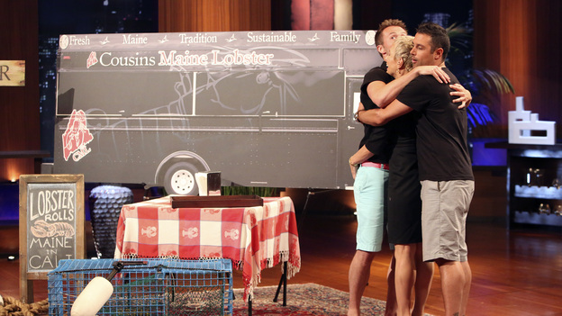 SHARK TANK - "Episode 406" - With help from two-time Super Bowl champion and San Francisco 49er running back Brandon Jacobs, a woman from Morganville, NJ hopes to propel her protein-infused energy drink to the next level. Two cousins from Portland, ME ask the Sharks to bite into their signature lobster-roll food truck business; an engaged couple from Marina del Rey, CA hope the Sharks won't think the secret ingredient in their eco-friendly cleaning products is too nutty; and a colorful character from Wilmington, NC has a business idea to put an end to the moist handshake with his colorful drink insulators. In a follow up segment, Dallas Robinson & Mike Buonomo from Riverton, UT give an update on their mix-and-match lip balm, Kisstixx, which Mark Cuban invested in during Season 3, on "Shark Tank," FRIDAY, OCTOBER 19 (8:00-9:01 p.m., ET) on the ABC Television Network. (ABC/ADAM TAYLOR)JIM TSELIKINS, BARBARA CORCORAN, SABIN LOMAC (COUSIN'S MAINE LOBSTER)