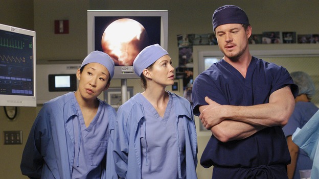 GREY'S ANATOMY - "Desire" - As the interns of Seattle Grace cram for their upcoming exam, the attendings vie for the Chief's position by tending to the chairman of the hospital board after he's admitted as a patient. Meanwhile, Burke struggles to involve Cristina in the wedding planning, things heat up between Addison and Alex, and Derek questions his relationship with Meredith, on "Grey's Anatomy," THURSDAY, APRIL 26 (9:00-10:01 p.m., ET) on the ABC Television Network. (ABC/GALE ADLER)SANDRA OH, ELLEN POMPEO, ERIC DANE