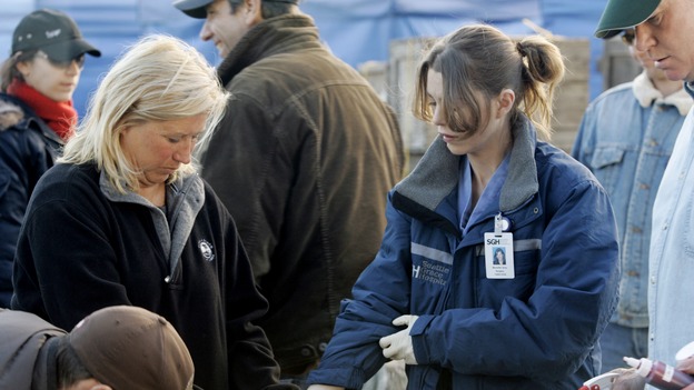 GREY'S ANATOMY - "Walk on Water" - Producer/technical advisor Linda Klein (left) coaches Ellen Pompeo (right) while shooting "Grey's Anatomy" on location at the Santa Anita Park in Arcadia, California. (ABC/VIVIAN ZINK)
