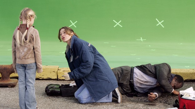 GREY'S ANATOMY - "Walk on Water" - Ellen Pompeo puts producer/technical advisor Linda Klein's coaching to practice while shooting "Grey's Anatomy" on location at the Santa Anita Park in Arcadia, California. (ABC/VIVIAN ZINK)