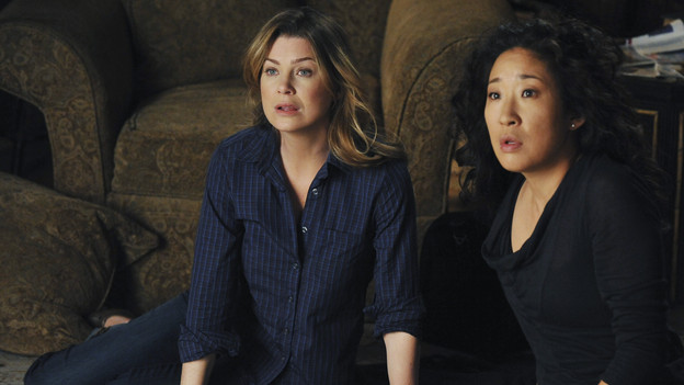 GREY'S ANATOMY - "Shock to the System" -- After weeks of concealing the fact she was pregnant and miscarried, Meredith at last tells Derek and is finally cleared to return to her surgical duties in the wake of the hospital shooting spree; Cristina experiences post-traumatic stress disorder in the midst of an operation; and Bailey refuses to let Alex operate until he agrees to have the bullet in his chest removed, on "Grey's Anatomy," THURSDAY, SEPTEMBER 30 (9:00-10:01 p.m., ET) on the ABC Television Network. (ABC/ERIC MCCANDLESS)ELLEN POMPEO, SANDRA OH