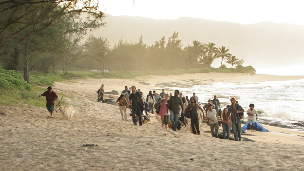LOST - "Whatever the Case May Be" - Jack, Kate and Sawyer fight over possession of a newly discovered locked metal briefcase which might contain insights into Kate's mysterious past. Meanwhile, Sayid asks a reluctant Shannon to translate notes he took from the French woman, a rising tide threatens to engulf the fuselage and the entire beach encampment, and Rose and a grieving Charlie tentatively bond over Claire's baffling disappearance, on "Lost," WEDNESDAY, JANUARY 5 (8:00-9:00 p.m., ET), on the ABC Television Network.  (ABC/MARIO PEREZ) MALCOLM DAVID KELLEY, DOMINIC MONAGHAN, MAGGIE GRACE, HARROLD PERRINEAU, NAVEEN ANDREWS, JOSH HOLLOWAY, EXTRAS 