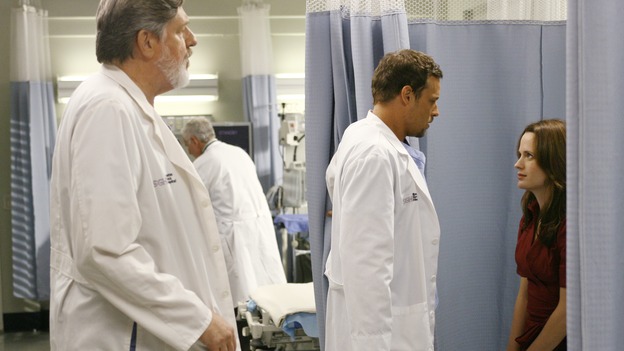 GREY'S ANATOMY - "Haunt You Every Day" - It's Halloween, and the day is full of surprises for the doctors of Seattle Grace - Alex receives an unexpected and welcome visit from his former patient, Ava/Rebecca, Meredith is convinced that her mother's ashes are haunting her, Cristina is snubbed by a surgeon she admires, and Callie announces George and Izzie's affair to their fellow doctors, on "Grey's Anatomy," THURSDAY, OCTOBER 25 (9:00-10:02 p.m., ET) on the ABC Television Network. (ABC/SCOTT GARFIELD)EDWARD HERRMANN, JUSTIN CHAMBERS, ELIZABETH REASER