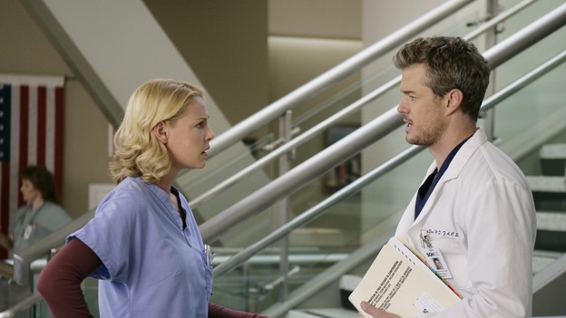 GREY'S ANATOMY - "Losing My Mind" - Dr. Wyatt refuses to let Meredith give up on therapy, Alex learns the truth about Rebecca's medical condition, the Chief insists that Erica perform a risky surgery on his mentor, and after receiving news of Burke, Cristina continues to do things contrary to her nature, going so far as cleaning her always-messy apartment, on "Grey's Anatomy," THURSDAY, MAY 15 (9:00-10:02 p.m., ET) on the ABC Television Network. (ABC/MITCH HADDAD)KATHERINE HEIGL, ERIC DANE