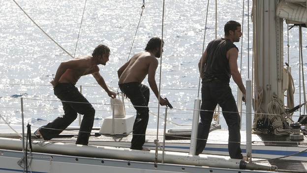 LOST -- "Live Together, Die Alone" - After discovering something odd just offshore, Jack and Sayid come up with a plan to confront "The Others" and hopefully get Walt back. Meanwhile, Eko and Locke come to blows as Locke makes a potentially cataclysmic decision regarding the "button" and the hatch, on the season finale of "Lost," WEDNESDAY, MAY 24 (9:00-11:00 p.m., ET), on the ABC Television Network. (ABC/MARIO PEREZ) JOSH HOLLOWAY, NAVEEN ANDREWS, MATTHEW FOX