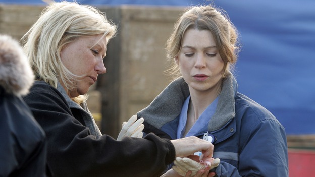 GREY'S ANATOMY - "Walk on Water" - Producer/technical advisor Linda Klein (left) coaches Ellen Pompeo (right) while shooting "Grey's Anatomy" on location at the Santa Anita Park in Arcadia, California. (ABC/VIVIAN ZINK)