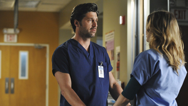 GREY'S ANATOMY - "Shock to the System" -- After weeks of concealing the fact she was pregnant and miscarried, Meredith at last tells Derek and is finally cleared to return to her surgical duties in the wake of the hospital shooting spree; Cristina experiences post-traumatic stress disorder in the midst of an operation; and Bailey refuses to let Alex operate until he agrees to have the bullet in his chest removed, on "Grey's Anatomy," THURSDAY, SEPTEMBER 30 (9:00-10:01 p.m., ET) on the ABC Television Network. (ABC/ERIC MCCANDLESS)PATRICK DEMPSEY, ELLEN POMPEO