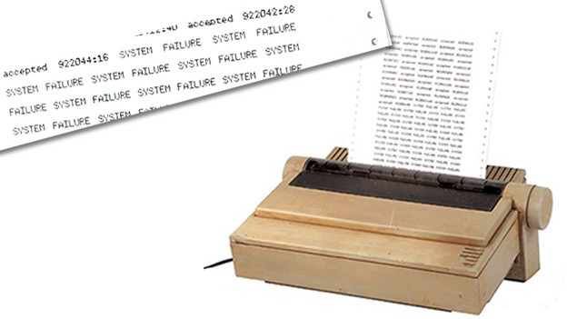 Pearl station dot matrix printer and "System Failure" log printoutAppleImageWriter II dot matrix printer with "System Failure" log printout, discovered by Lockeand Eko inside the Pearl station. The printer is connected to a computer (not included inthis lot) that monitors the activity at the Swan station. The printout is a log of the Swancomputer operator entering "The Numbers" every 108 minutes. This printout shows theentry "922044:16," followed by "SYSTEM FAILURE," marking the date and time whenDesmond failed to push the button and thereby causing the crash of Oceanic Airlines Flight815 (9=September, 22= day, 04=2004, 4:16).Related content:EPISODE RECAP - "Live Together, Die Alone"