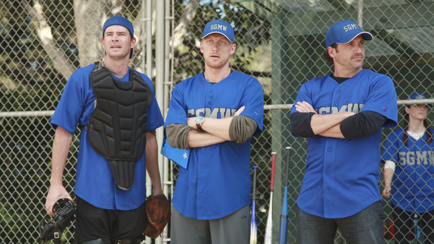 GREY'S ANATOMY - "Put Me In, Coach" - Owen stresses teamwork and moves his leadership role over to the baseball field when he signs the doctors up for a baseball league, pitting them against their biggest competition, Seattle Presbyterian; Lexie tries to hide her jealous rage when she sees Mark with a new woman, but her emotions get the better of her; Alex fights to keep Zola at Seattle Grace after it is suggested that she be moved to another hospital due to a conflict of interest with Meredith and Derek; and Richard scolds Meredith and Bailey for their feud, on Grey's Anatomy, THURSDAY, OCTOBER 27 (9:00-10:02 p.m., ET) on the ABC Television Network. (ABC/RICHARD CARTWRIGHT)SCOTT FOLEY, KEVIN MCKIDD, PATRICK DEMPSEY