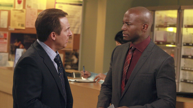 PRIVATE PRACTICE - "The Time Has Come" - Sheldon counsels Sam's friend, Rick, an Army veteran suffering from PTSD who harbors a secreted sexual trauma; Erica and Mason are involved in a nonfatal car accident that forces Cooper and Charlotte to further come to grips with their future; Violet and Pete struggle to navigate life after marriage when he finds her kissing Scott; and Addison and Jake attend a medical conference they won't soon forget, on ABC's "Private Practice" THURSDAY, FEBRUARY 2 (10:02-11:00 p.m., ET) on the ABC Television Network. (ABC/RICHARD CARTWRIGHT)BRIAN BENBEN, TAYE DIGGS