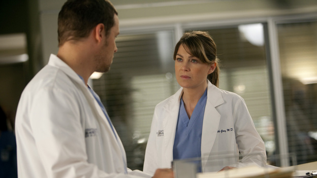 GREY'S ANATOMY - "Unaccompanied Minor" - News of Meredith's dishonesty in the clinical trial comes to light, leading to unanticipated consequences for both her and others. Cristina finds herself in a compromising situation, which forces her to decide between her career and her relationship. Meanwhile, Owen posts his decision for chief resident and Teddy makes a surprising choice regarding her love life -- and her future -- on the Season Finale of Grey's Anatomy, THURSDAY, MAY 19 (9:00-10:01 p.m., ET) on the ABC Television Network. (ABC/RANDY HOLMES)JUSTIN CHAMBERS, ELLEN POMPEO