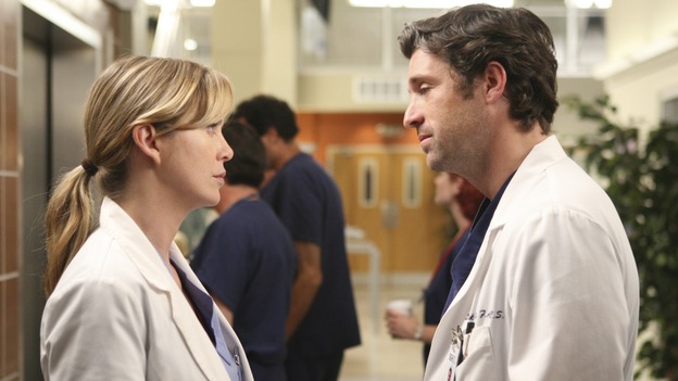 GREY'S ANATOMY - "Here Comes the Flood" - Things get tense between Meredith and Derek when&nbsp;Derek plans to kick Alex and Izzie out of the house, on "Grey's Anatomy," THURSDAY, OCTOBER 9 (9:00-10:01 p.m., ET) on the ABC Television Network. (ABC/DANNY FELD) ELLEN POMPEO, PATRICK DEMPSEY