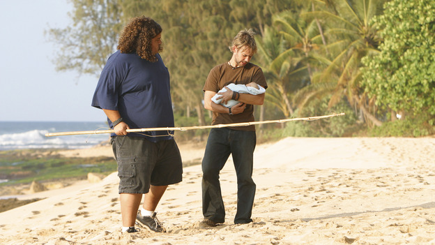 LOST - "The Greater Good" - Hurley, Charlie and baby Aaron. After burying one of their own, tempers flare as the castaways' suspicions of each other grow, on "Lost,"&nbsp;THURSDAY, MAY 4 on the ABC&nbsp;Television Network. (ABC/MARIO PEREZ) JORGE GARCIA, DOMINIC MONAGHAN