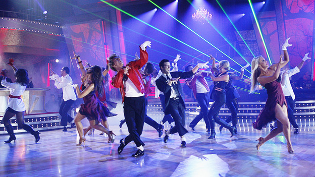DANCING WITH THE STARS THE RESULTS SHOW - "Episode 905A" - In a special "Macy's Stars of Dance" performance, all 16 of the "Dancing with the Stars" professional dancers honored Michael Jackson's music and influence on dance with a fusion of classic ballroom and Latin styles. Choreographed by the professional dancers, this performance paid tribute in a medley of three of Michael Jackson's hit songs representing different styles and eras of his work, on "Dancing with the Stars the Results Show," TUESDAY, OCTOBER 20 (9:00-10:01 p.m., ET), on the ABC Television Network. (ABC/ADAM LARKEY)CARRIE ANN INABA, CHERYL BURKE, TONY DOVOLANI, LACEY SCHWIMMER, DEREK HOUGH, MARK BALLAS, ANNA DEMIDOVA, CHELSIE HIGHTOWER, ALEC MAZO