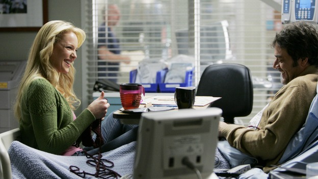 GREY'S ANATOMY - "Name of the Game" - George begins to overstay his welcome at Burke's apartment; Meredith learns a secret about her father; Bailey worries her colleagues will not treat her the same now that she's a mother; and Alex gets a lesson in bedside manners, on "Grey's Anatomy," SUNDAY, APRIL 2 (10:00-11:00 p.m., ET) on the ABC Television Network. (ABC/PETER "HOPPER" STONE)KATHERINE HEIGL, JEFFREY DEAN MORGAN