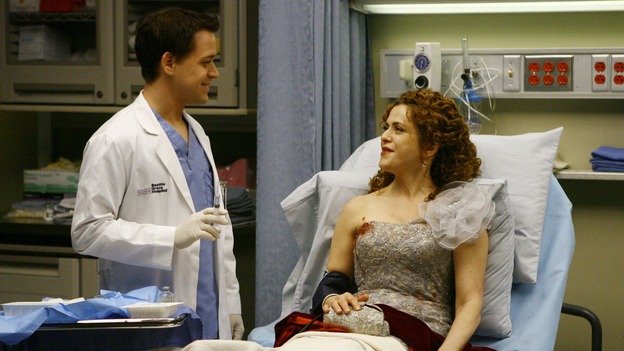 GREY'S ANATOMY - "Dream a Little Dream of Me" - On the two-hour season premiere of "Grey's Anatomy," Meredith and Derek learn that "happily ever after" isn't easy, a military doctor who brings in a trauma patient catches Cristina's eye, and the Chief and his staff reel at the news that Seattle Grace is no longer nationally ranked as a top-tier teaching hospital, on "Grey's Anatomy," THURSDAY, SEPTEMBER 25 (9:00-11:00 p.m., ET) on the ABC Television Network. (ABC/SCOTT GARFIELD)T.R. KNIGHT, BERNADETTE PETERS