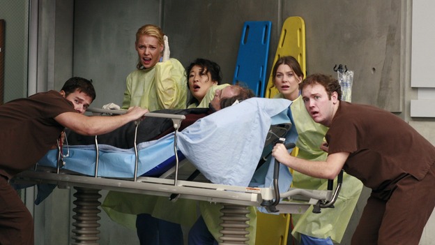 GREY'S ANATOMY - "Crash Into Me -- Part One" - An ambulance crash endangers the lives of the paramedics involved, as Meredith and the Chief work on-site to save them, Bailey treats a patient who refuses her help, and Ava returns for Alex and meets his other girlfriend in the process, on "Grey's Anatomy," THURSDAY, NOVEMBER 22 (9:00-10:02 p.m., ET) on the ABC Television Network. (ABC/RON TOM)KATHERINE HEIGL, SANDRA OH, JOHN BILLINGSLEY, ELLEN POMPEO