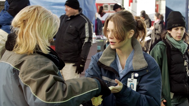 GREY'S ANATOMY - "Walk on Water" - Producer/technical advisor Linda Klein (left) coaches Ellen Pompeo (right) while shooting "Grey's Anatomy" on location at the Santa Anita Park in Arcadia, California. (ABC/VIVIAN ZINK)