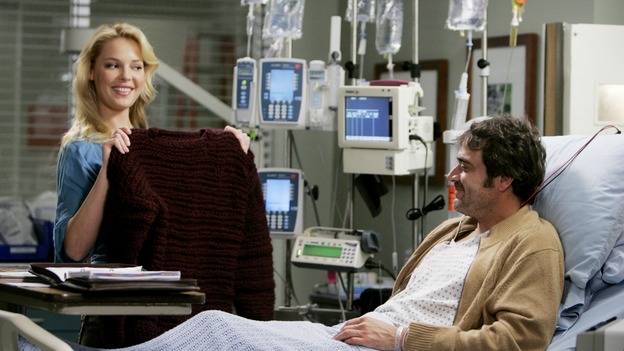 GREY'S ANATOMY - "Name of the Game" - George begins to overstay his welcome at Burke's apartment; Meredith learns a secret about her father; Bailey worries her colleagues will not treat her the same now that she's a mother; and Alex gets a lesson in bedside manners, on "Grey's Anatomy," SUNDAY, APRIL 2 (10:00-11:00 p.m., ET) on the ABC Television Network. (ABC/PETER "HOPPER" STONE)KATHERINE HEIGL, JEFFREY DEAN MORGAN