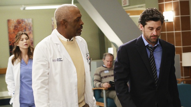 GREY'S ANATOMY - "I Will Follow You into the Dark" - The Chief and Meredith try to convince a depressed Derek to come back to work, on "Grey's Anatomy," THURSDAY, MARCH 12 (9:00-10:02 p.m., ET) on the ABC Television Network. (ABC/RON TOM) ELLEN POMPEO, JAMES PICKENS JR., PATRICK DEMPSEY