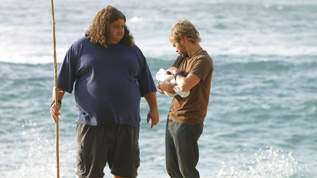 LOST - "The Greater Good" - Hurley, Charlie and baby Aaron. After burying one of their own, tempers flare as the castaways' suspicions of each other grow, on "Lost,"&nbsp;THURSDAY, MAY 4 on the ABC&nbsp;Television Network. (ABC/MARIO PEREZ) JORGE GARCIA, DOMINIC MONAGHAN