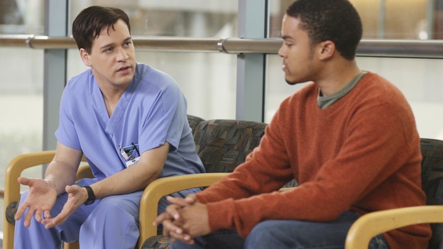 GREY'S ANATOMY - In the first hour of part two of the season finale of ABC's "Grey's Anatomy" -- "Deterioration of the Fight or Flight Response" -- Izzie and George attend to Denny as the pressure increases to find him a new heart, Cristina suddenly finds herself in charge of an ER, and Derek grapples with the realization that the life of a friend is in his hands. In the second hour, "Losing My Religion," Richard goes into interrogation mode about a patient's condition, Callie confronts George about his feelings for her, and Meredith and Derek meet about Doc. Part two of the season finale of "Grey's Anatomy" airs MONDAY, MAY 15 (9:00-11:00 p.m., ET) on the ABC Television Network. (ABC/SCOTT GARFIELD)T.R. KNIGHT, CHARLES DUCKWORTH