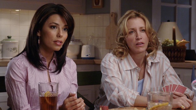DESPERATE HOUSEWIVES - "The Ladies Who Lunch" - Maisy Gibbons' (guest star Sharon Lawrence) series of unfortunate events shock the residents of Wisteria Lane, and have unexpected consequences for Bree; Gabrielle faces a crisis of her own when her sewer system goes out and she doesn't have the money to fix it; and Lynette braves a scandal herself when it's rumored that the twins started the school's head lice epidemic. Meanwhile, as Susan sinks into depression over her breakup with Mike, she finds a surprising ally, on "Desperate Housewives," SUNDAY, XXXXXX (9:00-10:02 p.m., ET) on the ABC Television Network. (ABC/DANNY FELD) EVA LONGORIA, FELICITY HUFFMAN