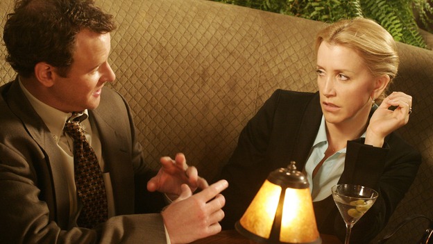 DESPERATE HOUSEWIVES - "They Asked Me Why I Believe in You" -- Susan's longtime book agent and dear friend, Lonny Moon (guest star Wallace Shawn), gets into financial trouble; Lynette is forced to go out to bars night after night with her man-hungry boss, Nina (guest star Joely Fisher); Bree re-buries Rex amid police suspicions, and Gaby hires hotshot lawyer David Bradley (guest star Adrian Pasdar) to defend Carlos, on Desperate Housewives," SUNDAY, OCTOBER 23 (9:00-10:01 p.m., ET) on the ABC Television Network. (ABC/RON TOM)LARRY DORF, FELICITY HUFFMAN