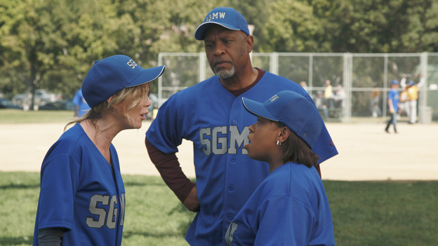 GREY'S ANATOMY - "Put Me In, Coach" - Owen stresses teamwork and moves his leadership role over to the baseball field when he signs the doctors up for a baseball league, pitting them against their biggest competition, Seattle Presbyterian; Lexie tries to hide her jealous rage when she sees Mark with a new woman, but her emotions get the better of her; Alex fights to keep Zola at Seattle Grace after it is suggested that she be moved to another hospital due to a conflict of interest with Meredith and Derek; and Richard scolds Meredith and Bailey for their feud, on Grey's Anatomy, THURSDAY, OCTOBER 27 (9:00-10:02 p.m., ET) on the ABC Television Network. (ABC/RICHARD CARTWRIGHT)ELLEN POMPEO, JAMES PICKENS JR., CHANDRA WILSON