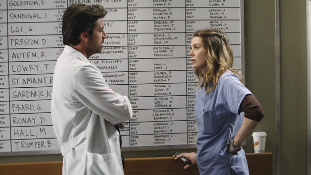 GREY'S ANATOMY - "Superfreak" - When Derek receives an unexpected and unwelcome visit from his estranged sister, Amelia, issues between the siblings -- both past and present -- come to the surface; the Chief tries to help Alex when he notices that he's refusing to use the elevators after his near-fatal shooting; and Meredith and Derek continue their efforts to ease Cristina back into surgery after her post-traumatic stress, on "Grey's Anatomy," THURSDAY, OCTOBER 7 (9:00-10:01 p.m., ET) on the ABC Television Network. (ABC/RICHARD CARTWRIGHT)PATRICK DEMPSEY, ELLEN POMPEO