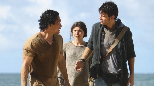 LOST -  "This Place is Death" - Jin talks to his rescuers, Robert and Rousseau, who have taken him back to the island, on "Lost," WEDNESDAY, FEBRUARY 11 (9:00-10:02 p.m., ET) on the ABC Television Network.  (ABC/MARIO PEREZ) DANIEL DAE KIM, MELISSA FARMAN, GUILLAME DUBINPONS