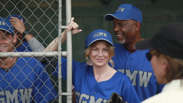 GREY'S ANATOMY - "Put Me In, Coach" - Owen stresses teamwork and moves his leadership role over to the baseball field when he signs the doctors up for a baseball league, pitting them against their biggest competition, Seattle Presbyterian; Lexie tries to hide her jealous rage when she sees Mark with a new woman, but her emotions get the better of her; Alex fights to keep Zola at Seattle Grace after it is suggested that she be moved to another hospital due to a conflict of interest with Meredith and Derek; and Richard scolds Meredith and Bailey for their feud, on Grey's Anatomy, THURSDAY, OCTOBER 27 (9:00-10:02 p.m., ET) on the ABC Television Network. (ABC/RICHARD CARTWRIGHT) JUSTIN CHAMBERS, ELLEN POMPEO, JAMES PICKENS JR.
