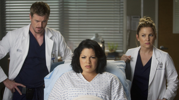 GREY'S ANATOMY - "Don't Deceive Me (Please Don't Go)" - Derek breaks ground on his Alzheimer's clinical trial and Meredith can't help but feel left out; Bailey's attempt to take the hospital into the age of new media with live tweets from the OR does not go over well with the Chief; and Callie, Mark and Arizona must learn to navigate through the pregnancy together, which starts off with Callie driving her new obstetrician (guest star Rachael Taylor) crazy, on "Grey's Anatomy," THURSDAY, FEBRUARY 3 (9:00-10:01 p.m., ET) on the ABC Television Network. (ABC/RANDY HOLMES)ERIC DANE, SARA RAMIREZ, JESSICA CAPSHAW