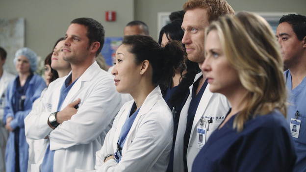 GREY'S ANATOMY - "State of Love and Trust" - As Derek begins his role as interim chief, he faces a potential lawsuit when Bailey and Meredith's patient awakens from anesthesia mid-surgery. Meanwhile, Teddy refuses to place Cristina on her service, as Arizona tests Alex out in Pediatrics, and Mark refuses to speak to a heartbroken Lexie, on "Grey's Anatomy," THURSDAY, FEBRUARY 4 (9:00-10:01 p.m., ET) on the ABC Television Network. (ABC/ADAM LARKEY) CHYLER LEIGH, JUSTIN CHAMBERS, SANDRA OH, KEVIN MCKIDD, JESSICA CAPSHAW